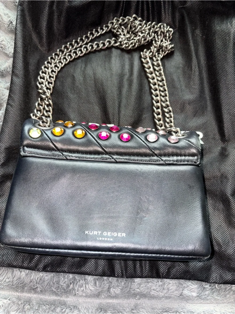 Kurt Geiger Black Leather Shoulder Bag with Multicolor Crystal Studs - Picture 3 of 6